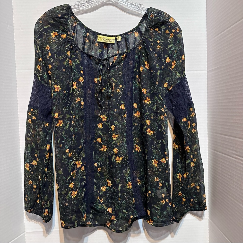 Princess Vera Wang Sheer Floral Blouse Size S Green Black Lace Top